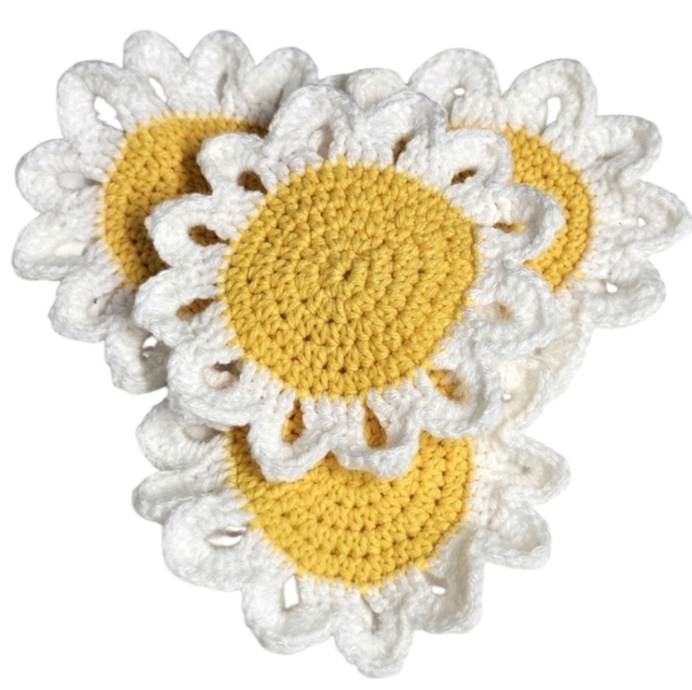Handmade Crochet Daisy Coasters – Set of 4 Yellow & White